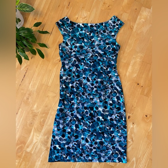 Connected Apparel Cap Sleeve Mock Wrap Dress blue dots - Picture 2 of 16